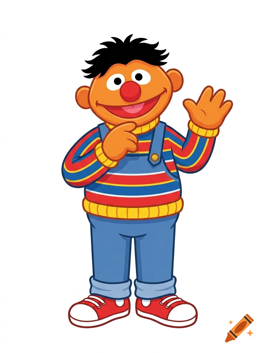 Ernie from Sesame Street standing and waving with a friendly smile, wearing a striped sweater and blue overalls.