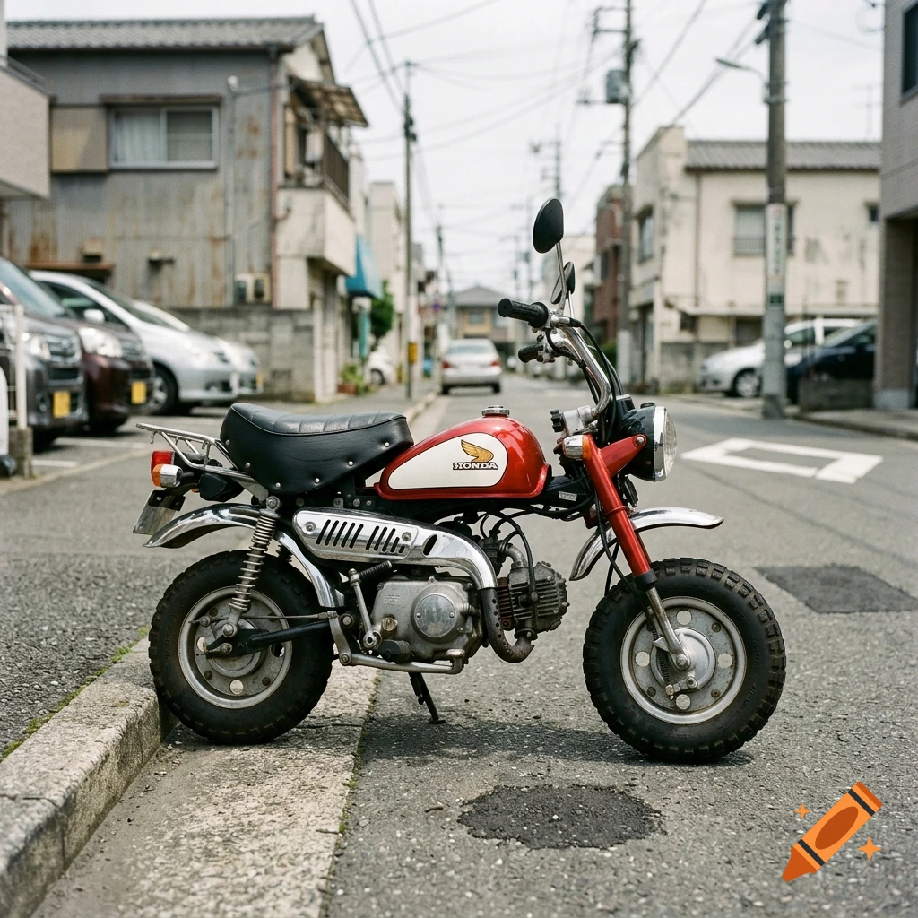 A red and white Honda Monkey mini motorcycle parked on a Japanese street next to a curb.