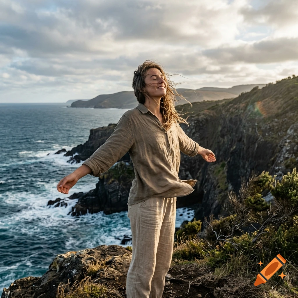 Photorealistic image of a woman with open arms standing on a cliff overlooking the ocean under a cloudy sky.