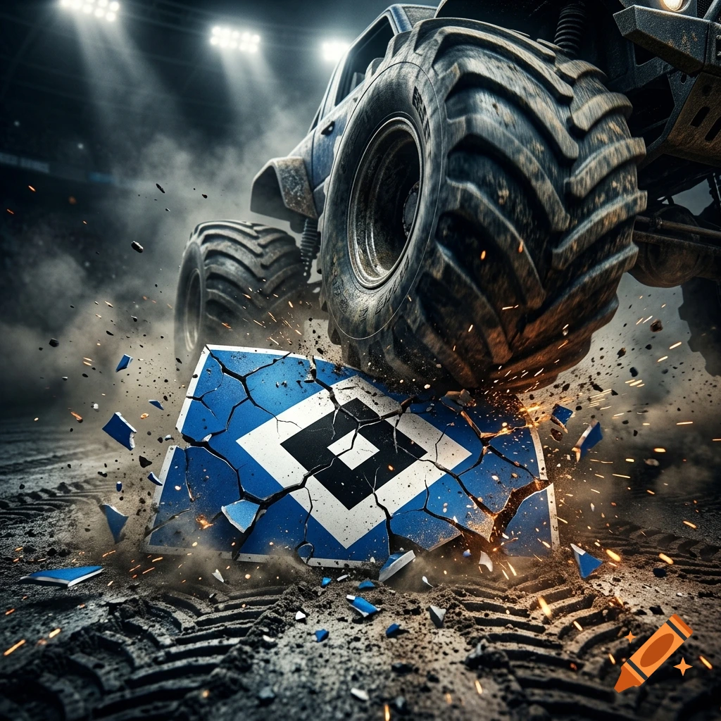 A monster truck drives over a broken blue and white sign in a dirt arena, photorealistic.
