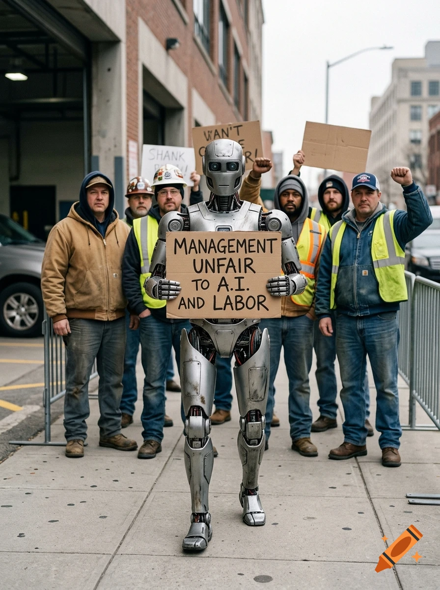 Photorealistic image of a metallic robot holding a sign that reads MANAGEMENT UNFAIR TO A.I. AND LABOR, walking in front of striking workers.