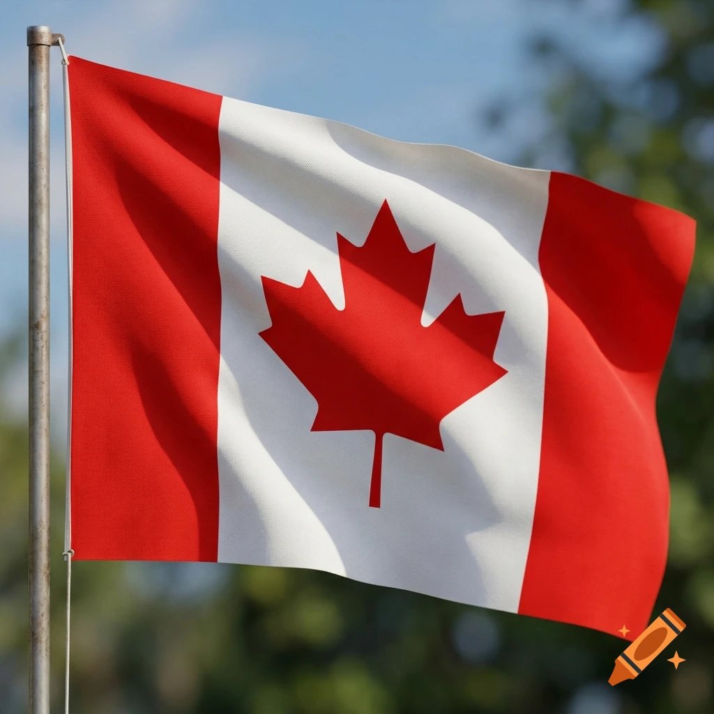The flag of Canada waving on a metal flagpole against a blurred background.