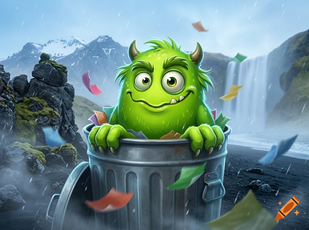 A friendly green monster with horns sitting inside a metal trashcan amidst a snowy mountain and waterfall landscape.
