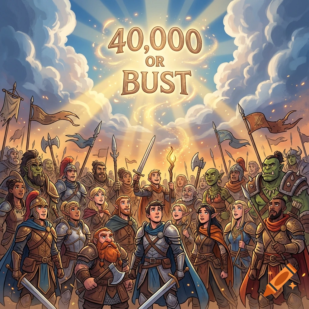 Cartoon illustration of a diverse group of fantasy warriors looking up at the sky where the text 40,000 OR BUST glows in the clouds.