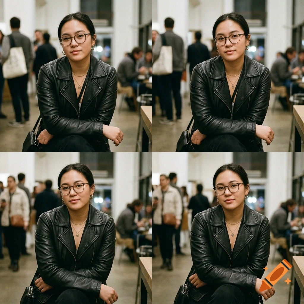 Four-panel grid showing a photorealistic portrait of a young woman with glasses wearing a black leather jacket in a cafe.