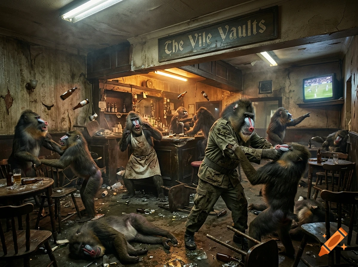 Photorealistic scene of mandrills fighting and drinking in a chaotic, dingy pub with a sign reading The Vile Vaults.