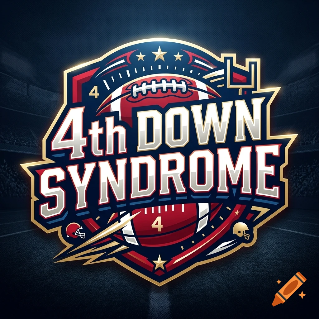 An American football-themed sports logo with the text "4th Down Syndrome" overlaid on a football, stadium backdrop, and gold trim.