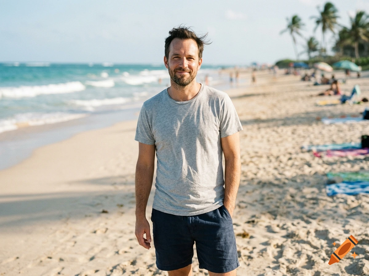Photorealistic photo of a man with a short beard and a grey t-shirt standing on a sunny beach with ocean waves and palm trees in the background.