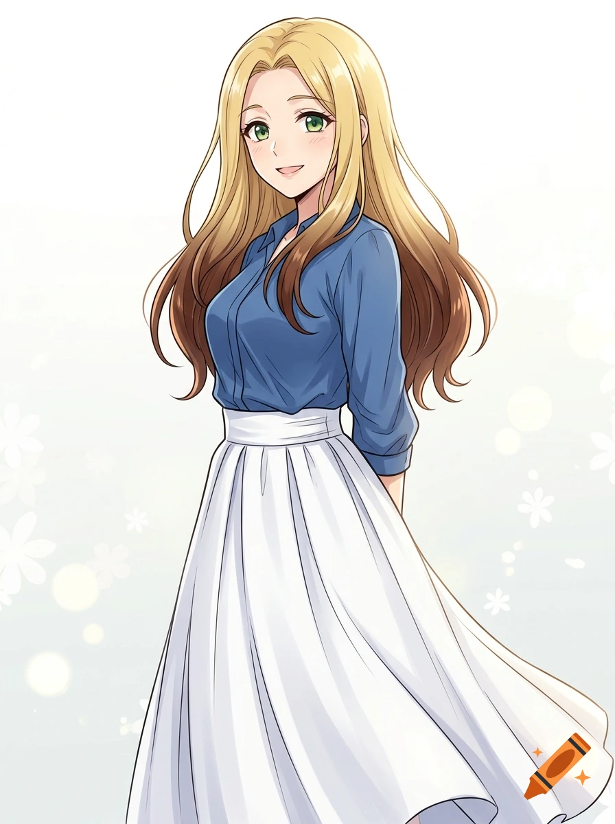 Manga-style illustration of a smiling blonde woman with green eyes, wearing a blue shirt and a high-waisted white skirt.