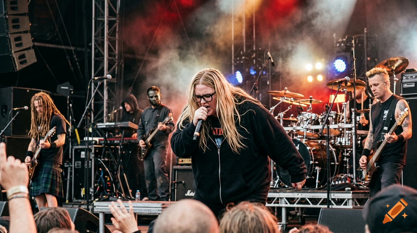 A metal band performing on an outdoor stage with a vocalist singing into a microphone, surrounded by band members with instruments and stage lighting.