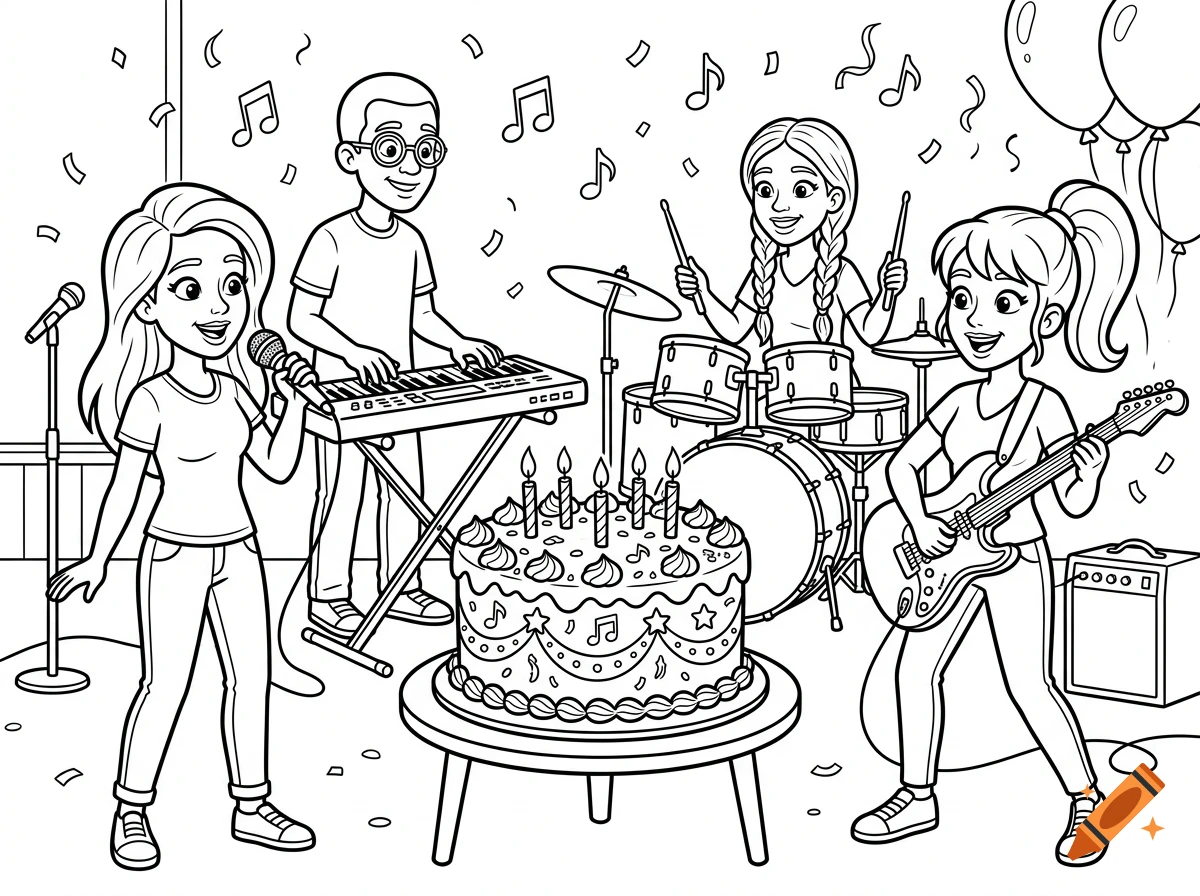 Black and white coloring page of a four-person band playing music around a birthday cake.