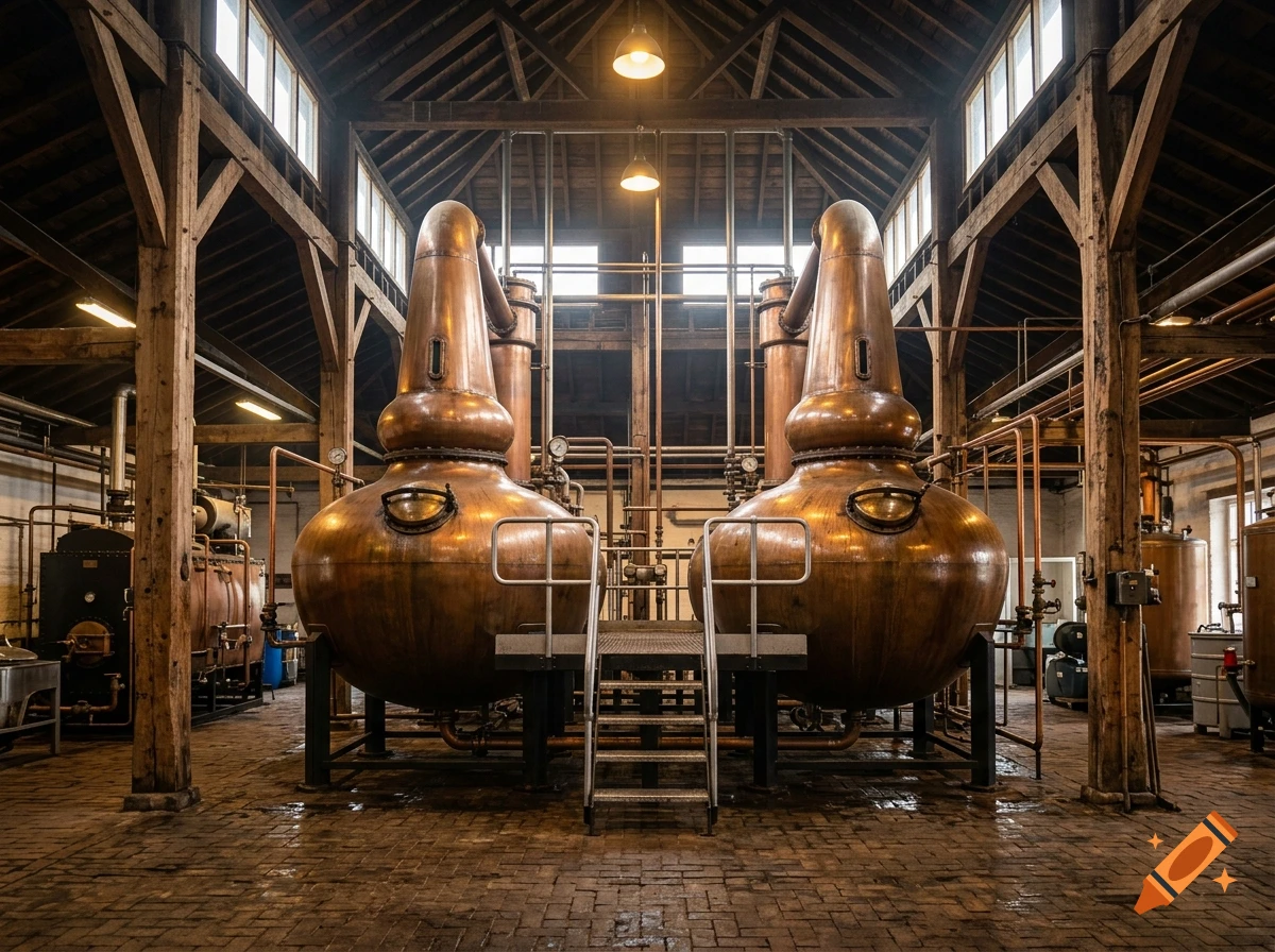 Two large copper pot stills in a historic distillery with wooden beam architecture and brick flooring.
