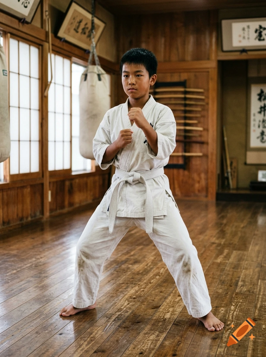 A young boy in a white karate uniform practicing stances in a traditional wooden dojo.
