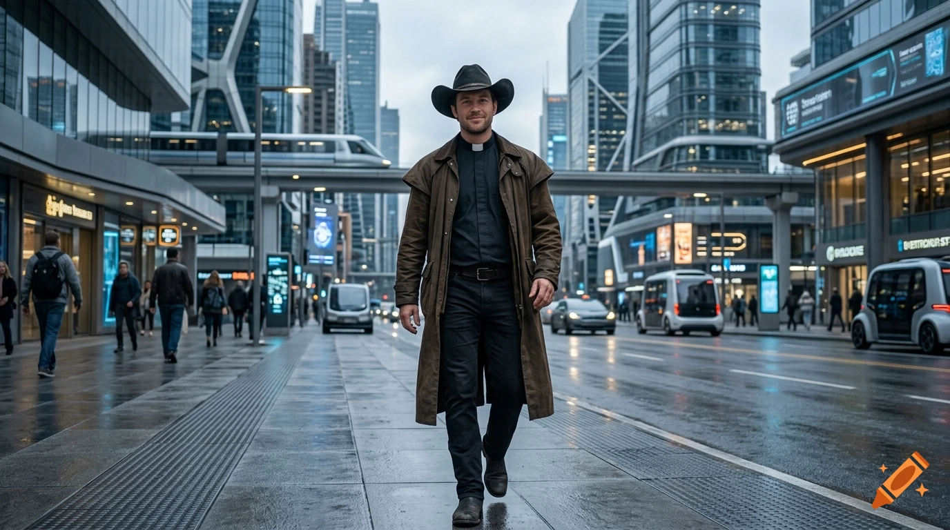 A photorealistic priest in a brown duster coat and cowboy hat walking down a wet street in a futuristic city.