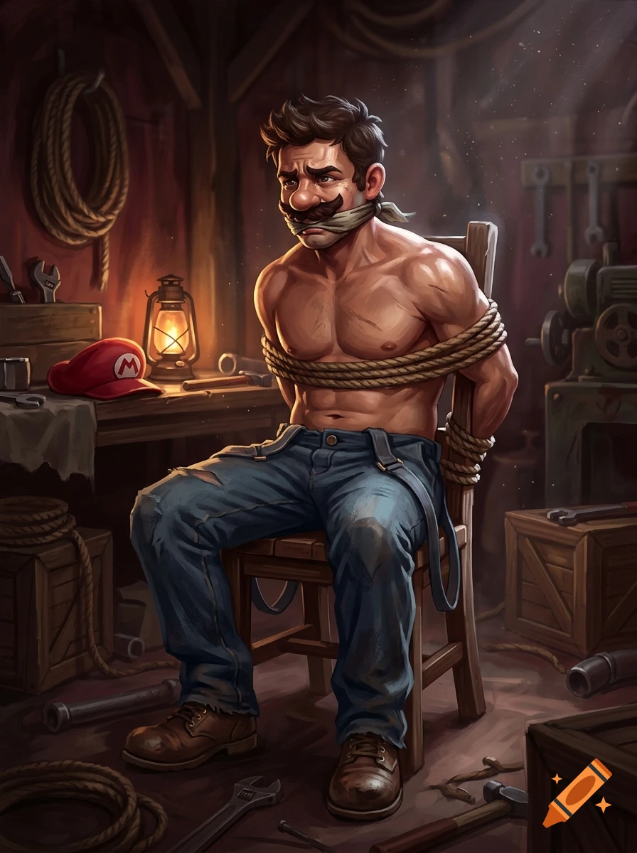 Digital painting of a shirtless Super Mario with a mustache, tied to a wooden chair with rope and gagged, in a workshop.