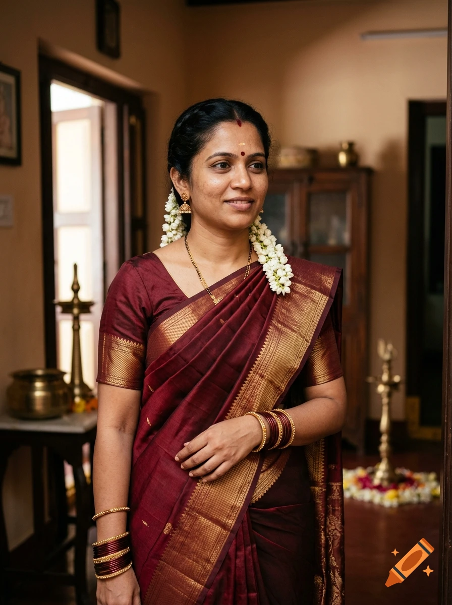 Photorealistic portrait of a South Indian woman in a traditional maroon and gold silk saree inside a home.