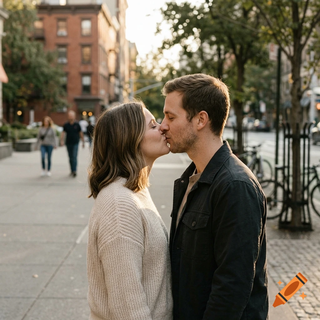 A photorealistic shot of a young couple kissing on a city sidewalk during golden hour.