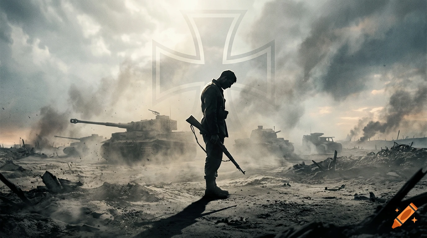 Silhouette of a lone soldier holding a rifle in a desolate battlefield with tanks and a faint Iron Cross in the sky, photorealistic style.
