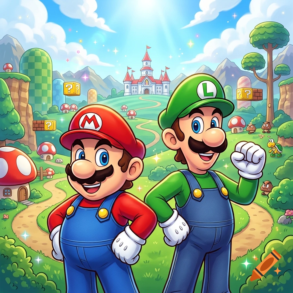 Mario and Luigi stand side-by-side in a vibrant, grassy landscape with a castle, hills, and mushrooms in the background.