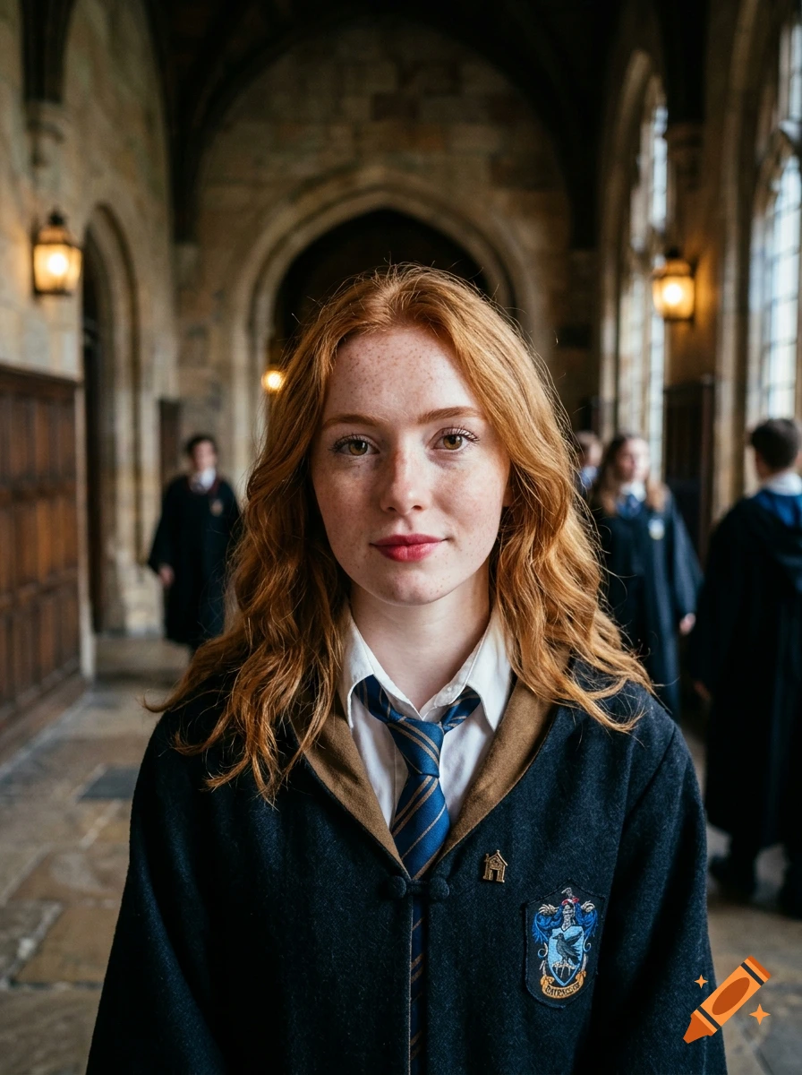Photorealistic portrait of a young woman with ginger hair and freckles in a Hogwarts uniform.