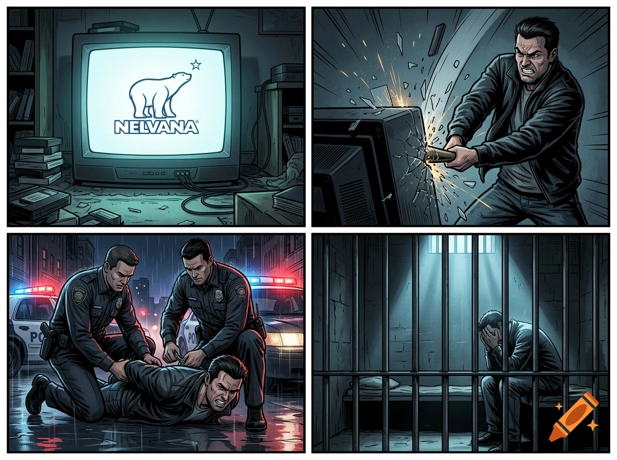 A four-panel comic strip showing a TV playing the Nelvana logo, a man smashing the TV, police arresting him, and the man in a prison cell.