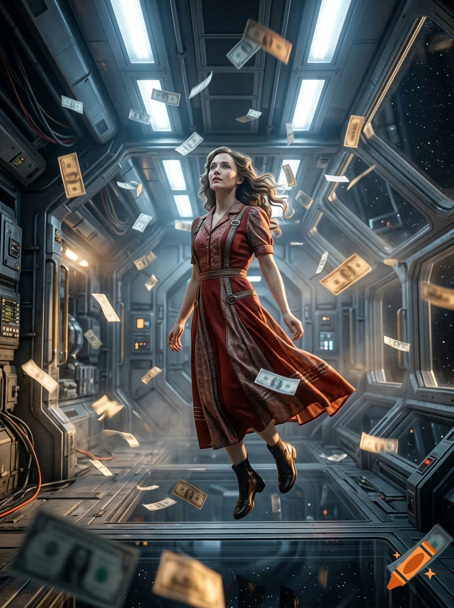 A woman in a vintage red dress floating inside a futuristic spaceship interior while dollar bills fall around her.