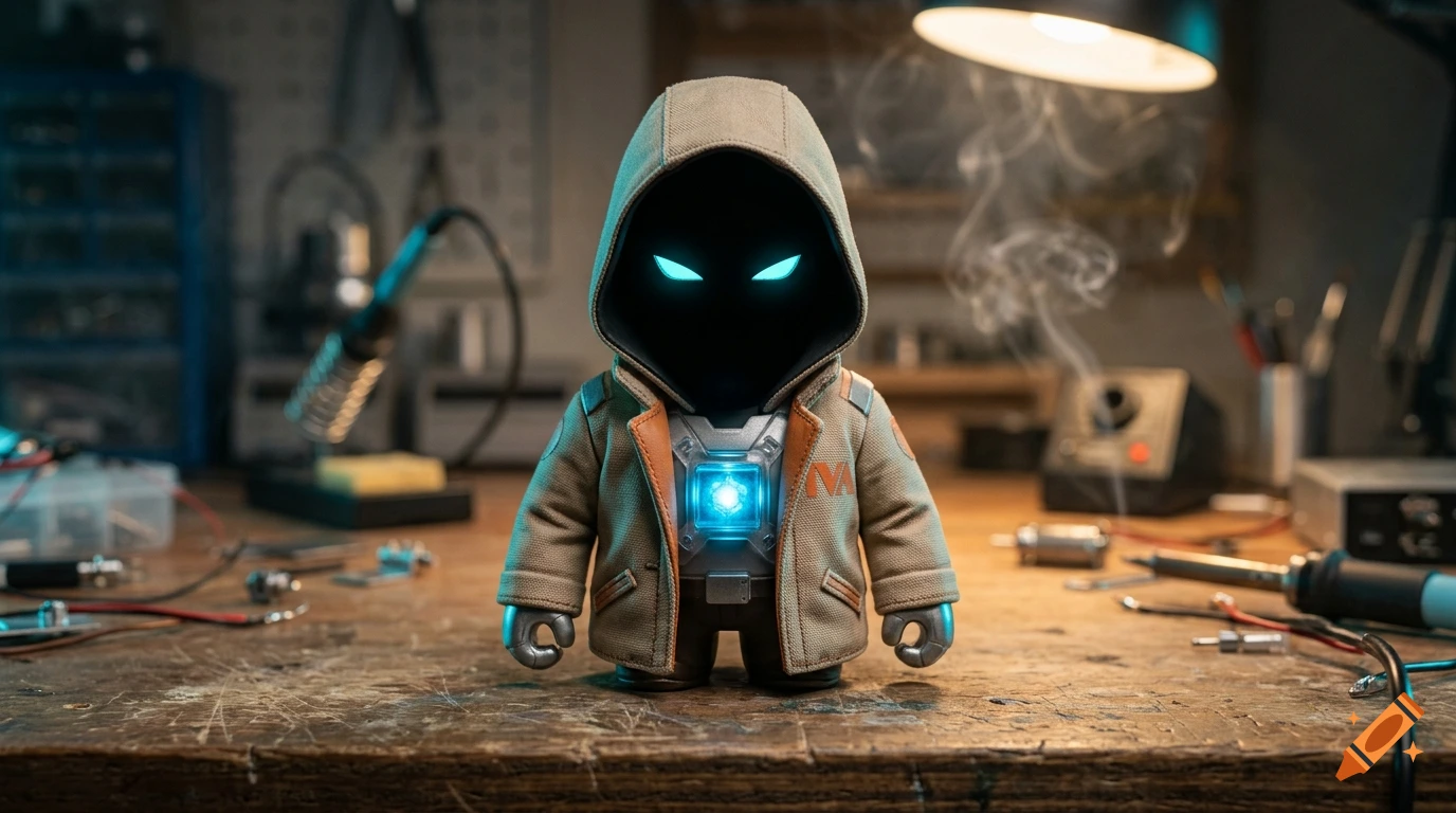 A macro photo of a designer art toy styled like Loki with a hooded face and glowing cyan eyes on a wooden workbench.