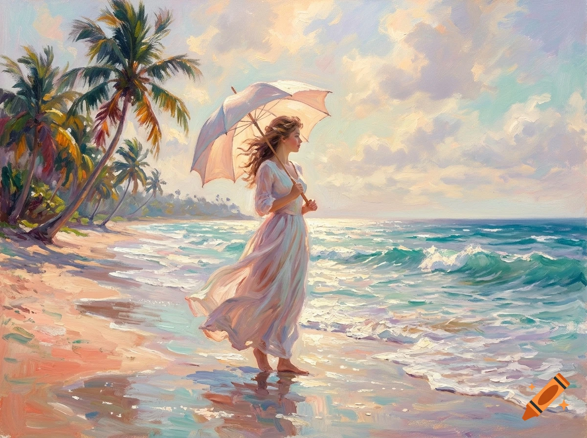 An impressionist oil painting of a woman in a white dress holding a parasol on a tropical beach with palm trees.