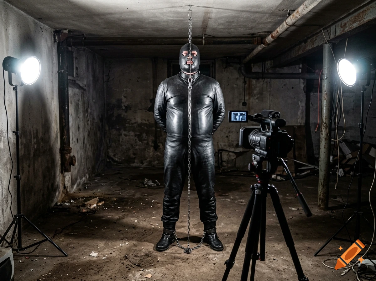 Photorealistic image of a person in a black leather bondage suit and mask, chained in a dreary basement with studio lights and a camera.