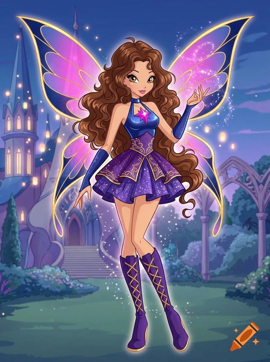 Full-body artwork of a brown-haired fairy with large wings, a blue and purple outfit, and knee-high boots in a 2D Winx Club art style.