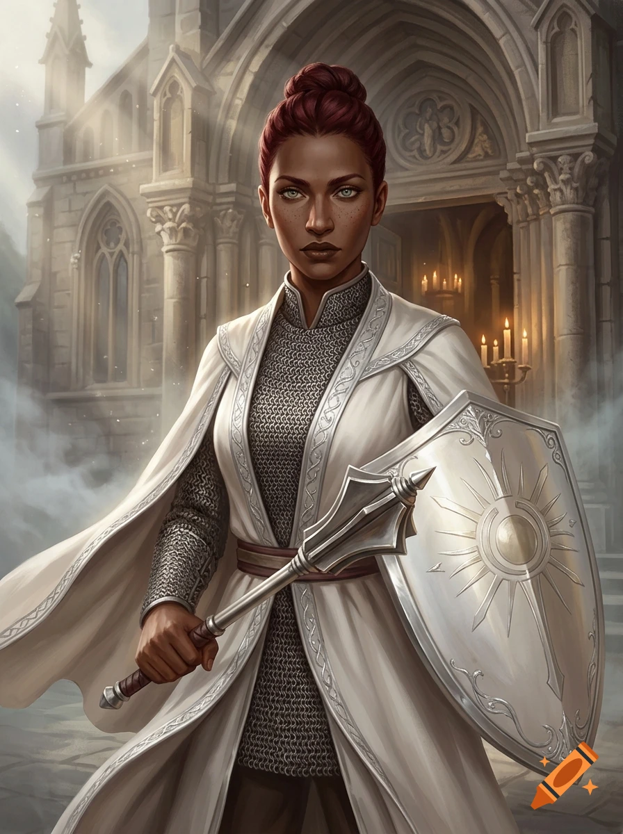 Digital illustration of a female life cleric with dark red hair in a bun, wearing white robes and chainmail, holding a mace and shield in front of a church.