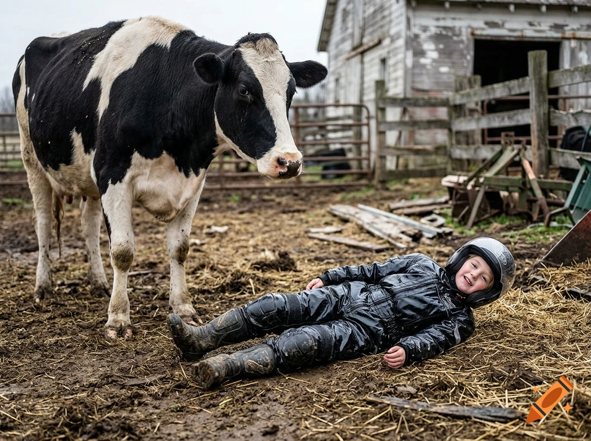 A young child wearing a black motorcycle suit and helmet is lying on muddy hay in a barnyard, looking up and smiling at a black and white cow standing nearby.