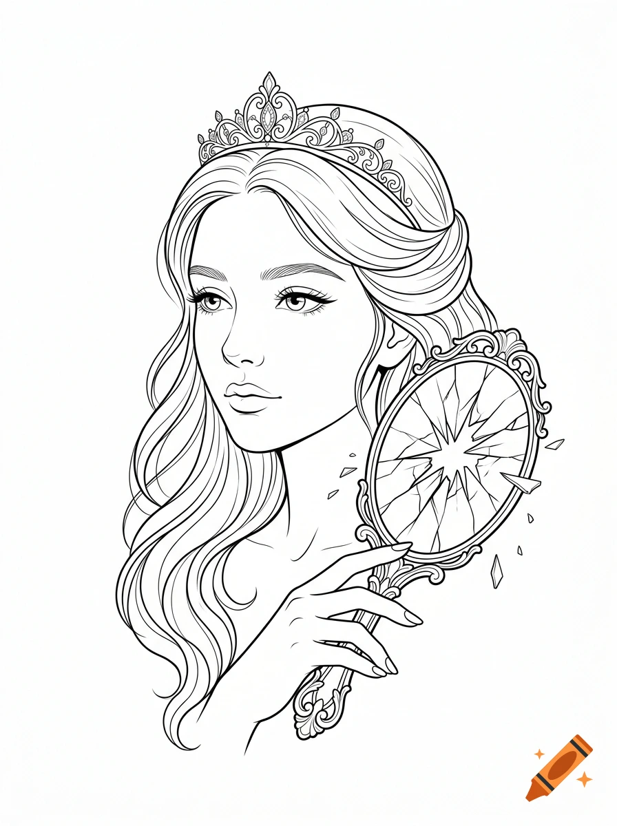 Black and white line art of a princess wearing a tiara and holding a shattered hand mirror.