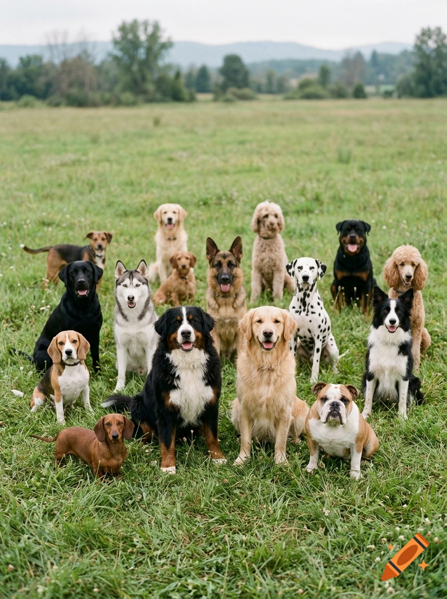 A large group of various dog breeds sitting together in a grassy field.