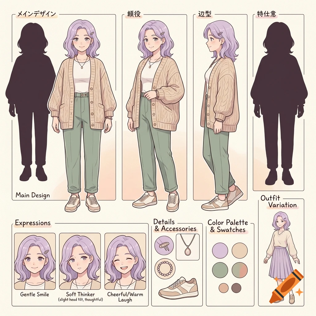 Anime character sheet of a 20-year-old woman with purple hair, cardigan, and pants, showing multiple poses, expressions, and accessories.