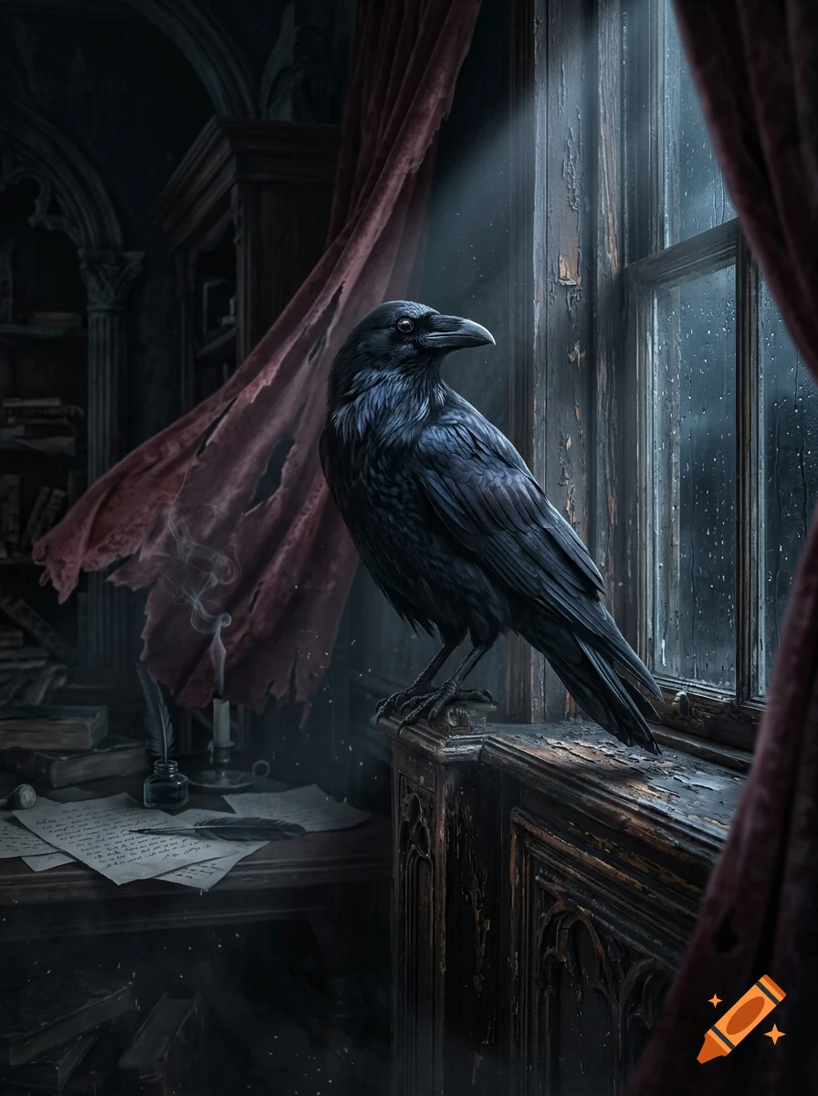 A dark, moody Gothic room with a black raven perched on a wooden window sill while it rains outside.