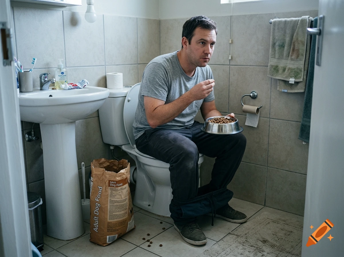 Photorealistic image of a man sitting on a toilet with his pants down, holding a bowl of dog food and eating it, in a tiled bathroom.