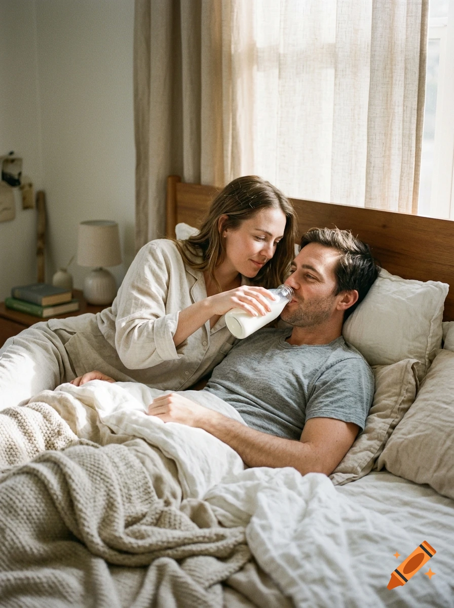 Photorealistic image of a couple cuddling in bed, with the woman feeding the man a bottle of milk.