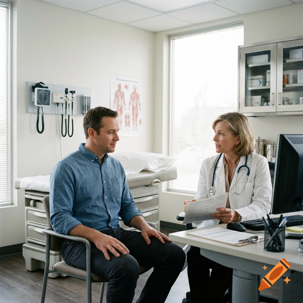 Photorealistic scene of a male patient sitting in a chair talking to a female doctor holding a clipboard in an examination room.