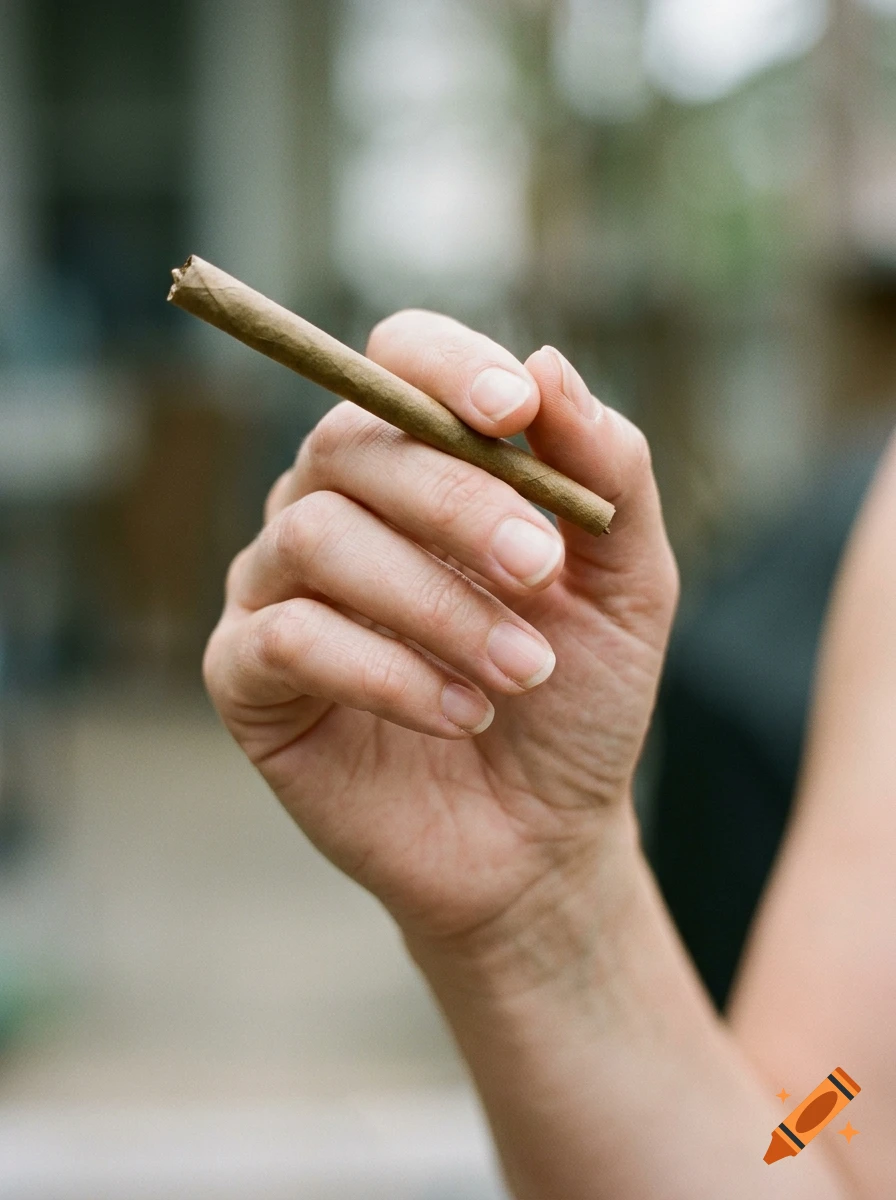 Close-up photorealistic image of a hand holding an unlit blunt.