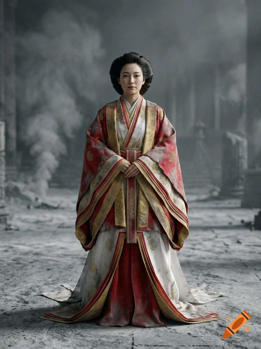 Portrait of a woman standing and wearing ornate red, white, and gold traditional robes against a smoky, ruined background.