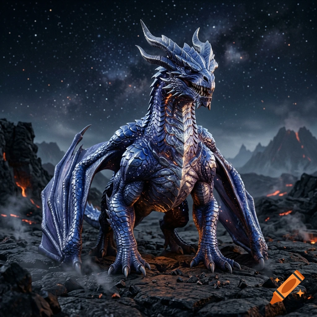 A detailed photorealistic blue crystal dragon standing on rocky volcanic ground with a starry night sky background.