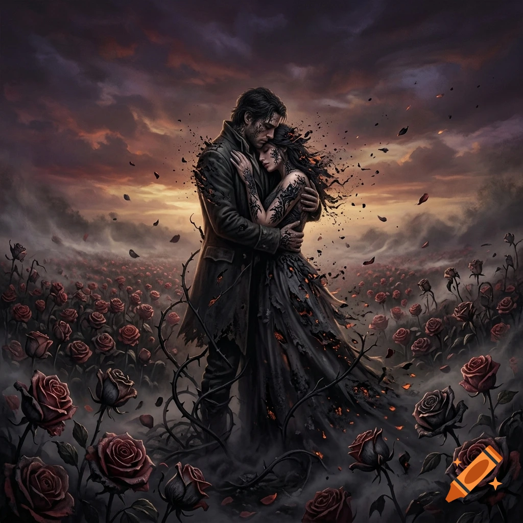 Fantasy art of a man and woman embracing in a field of dark roses, withering away, under a dramatic twilight sky.