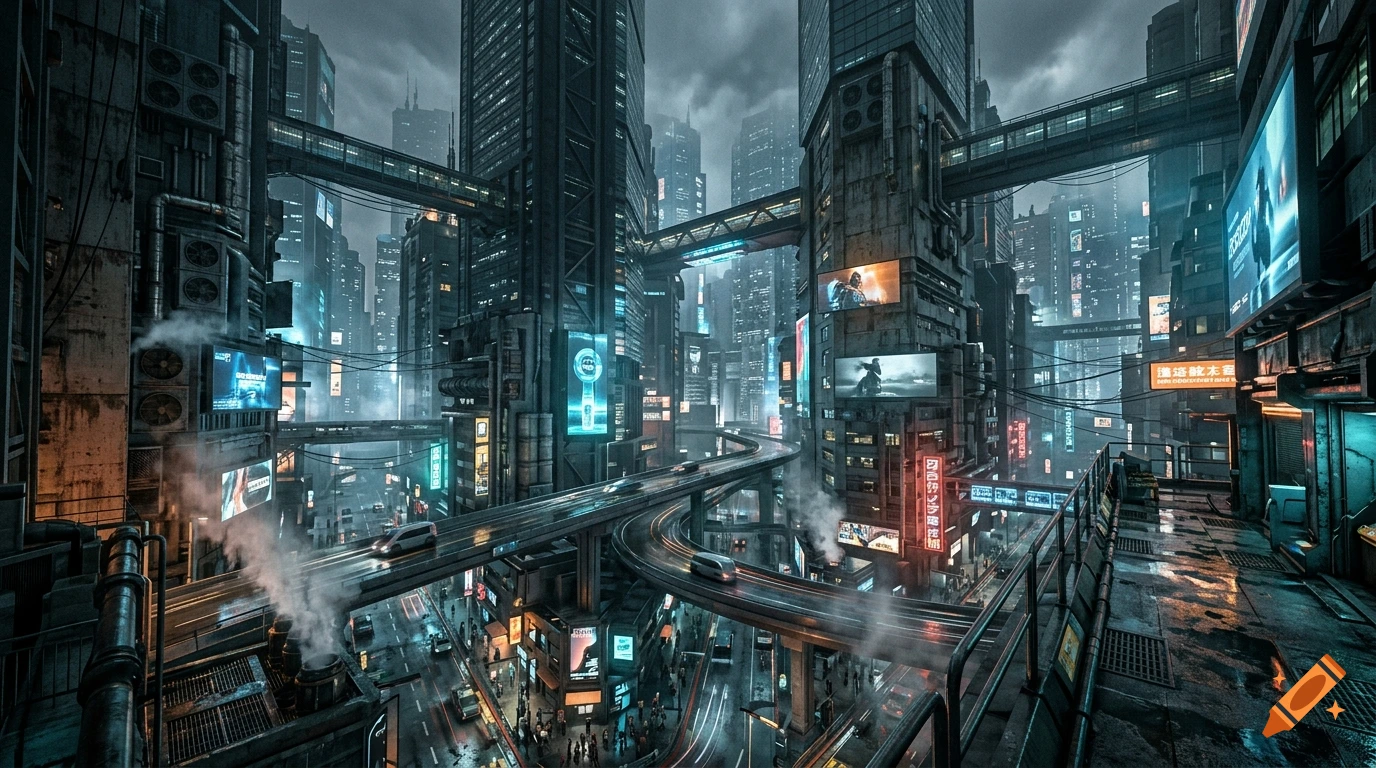 Futuristic cyberpunk city at night with towering skyscrapers, elevated roadways, and glowing neon advertisements in a cinematic photorealistic style.