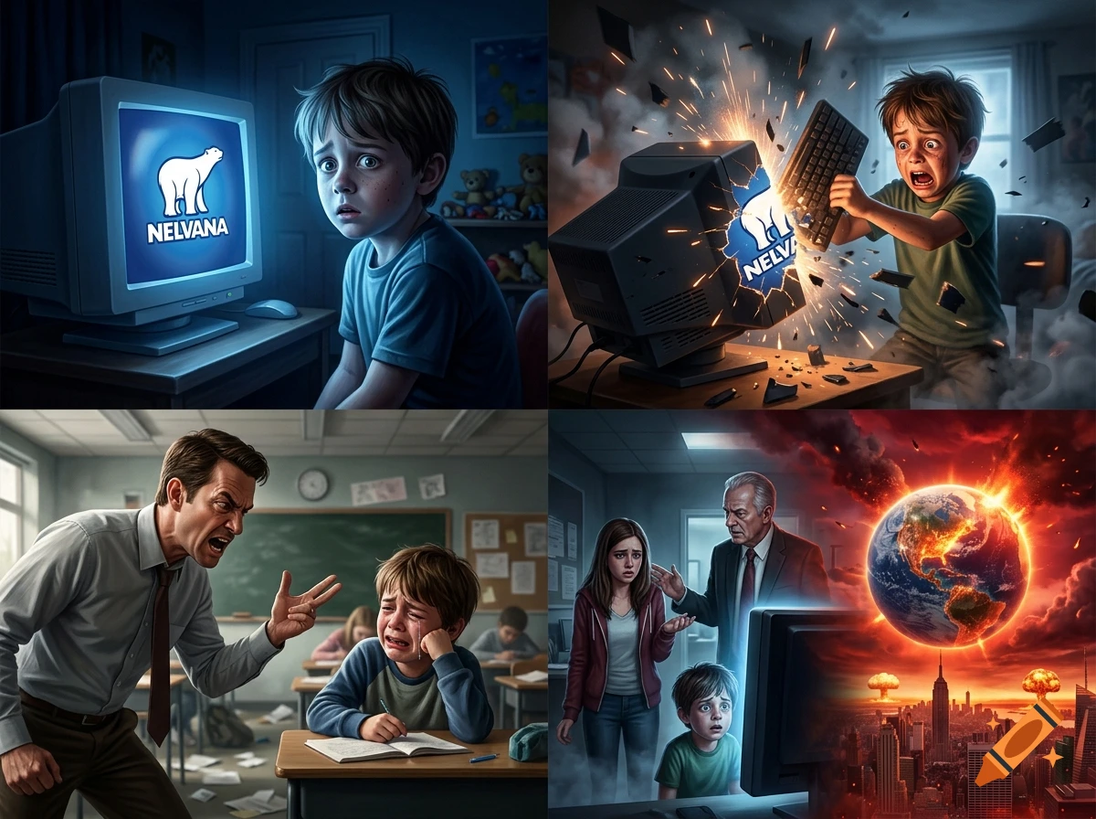 A four-panel digital illustration depicting a boy watching a Nelvana logo on a computer screen, destroying the monitor in fear, being scolded by a teacher, and witnessing an apocalyptic explosion on Earth.