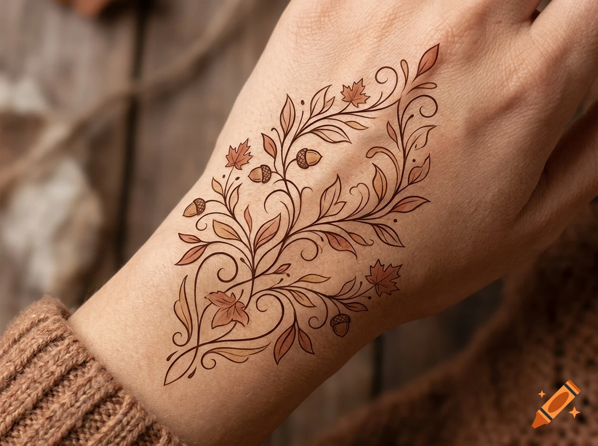 Close-up of a brown line art autumn tattoo featuring leaves and acorns on a person's hand.