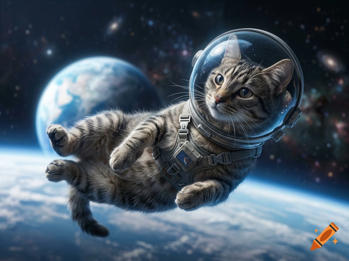 Photorealistic image of a tabby cat wearing an astronaut helmet and suit floating in space with Earth in the background.