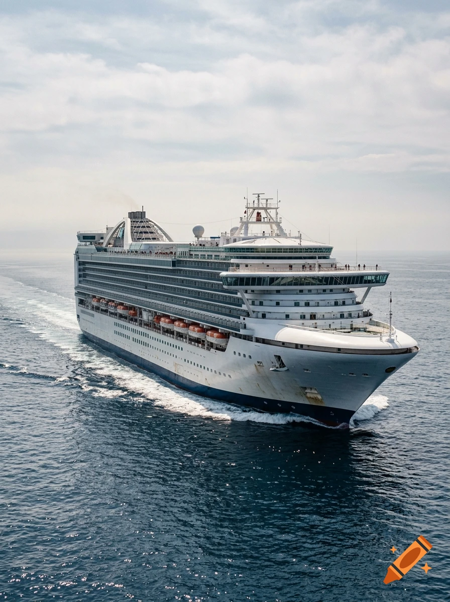 A large white cruise ship navigating calm blue ocean waters under a cloudy sky.