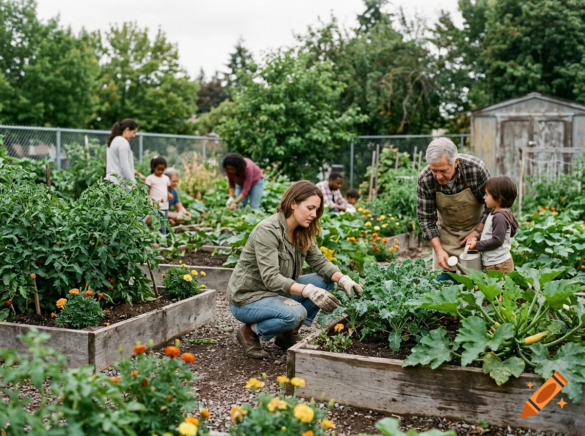Diverse group of adults and children gardening together in a community garden raised bed.