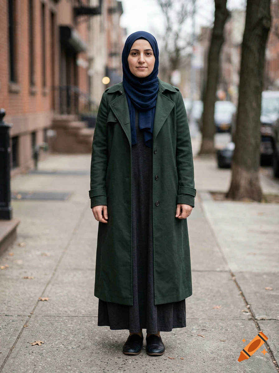 Photorealistic full-body portrait of a woman wearing a blue hijab and a green trench coat standing on a city sidewalk.